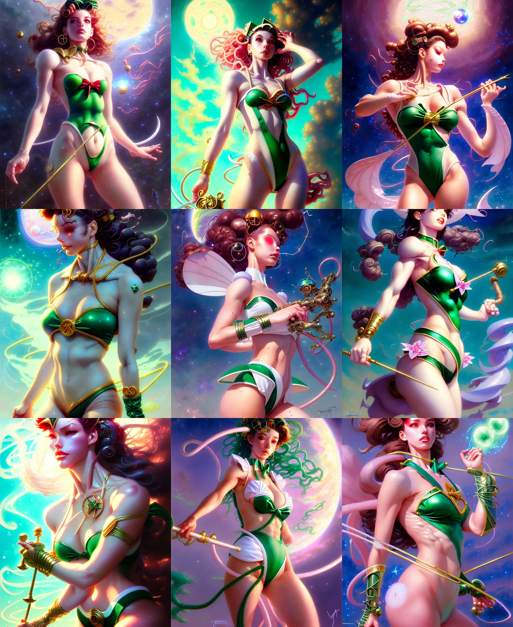 Prompt: beautiful sailor jupiter, fantasy character portrait, bikini, bodysuit, leotard, ultra realistic, wide angle, intricate details, the fifth element artifacts, highly detailed by peter mohrbacher, hajime sorayama, wayne barlowe, boris vallejo, aaron horkey, gaston bussiere, craig mullins