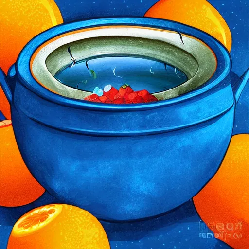 Image similar to boiling imagination in a bowl, super cute, ultra detailed, digital painting, dark blue, yellow, orange, red