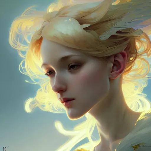 Image similar to A girl with blonde hair, fox ears, glowing halo, wings, fantasy, intricate, elegant, highly detailed, digital painting, artstation, concept art, smooth, sharp focus, illustration, art by Krenz Cushart and Artem Demura and alphonse mucha