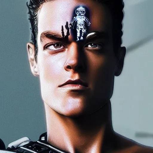 Image similar to “a realistic detailed photo of a guy who is the terminator robot, a cyborg consisting of living tissue over a robotic endoskeleton, who is a male android, Ethan Dolan, posing like a statue, blank stare”