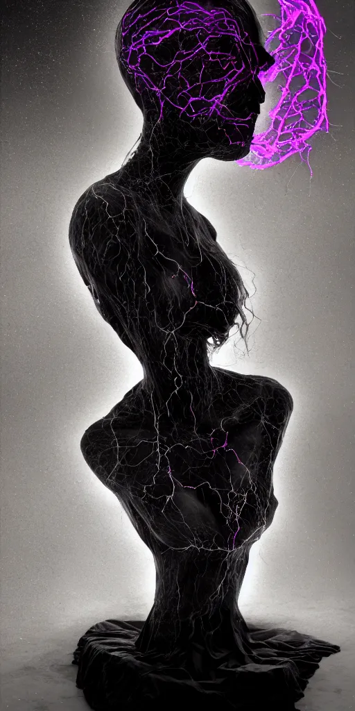 Prompt: portrait, a sorceress, luminous veins, ravens stormy sky of foreboding, occult, robotic bust, body ribs meshes,, volumetric light, vespertine, honeysuckle, rim light, by chris mars, and diane arbus, gothic, gothique, 8 k