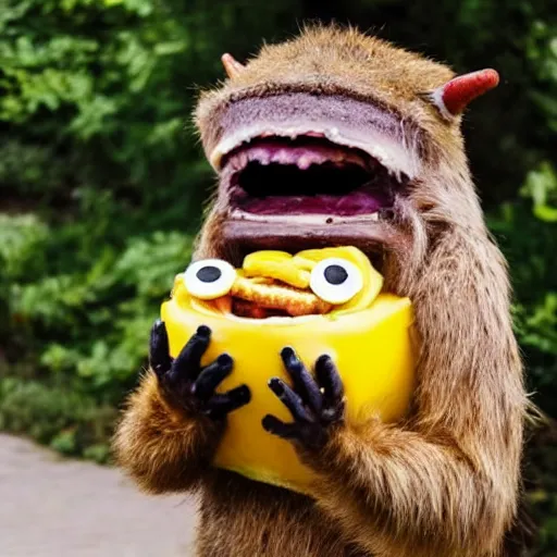 Image similar to a cute monster eating a banana