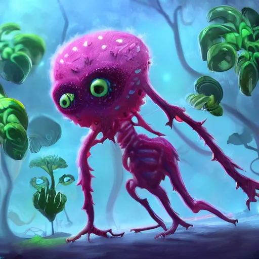 Image similar to cute anthropormorphic unusual alien plant creature with big eyes and leafy arms and legs character concept detailed painting 4 k