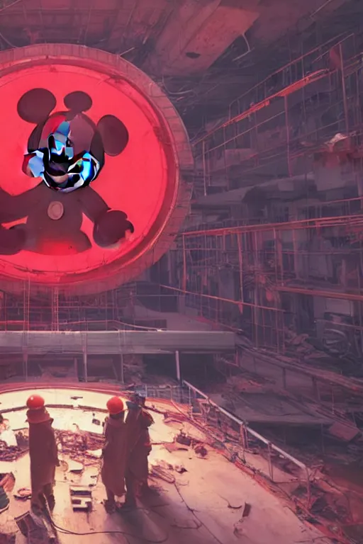 Image similar to workers repairing big mickey mouse head in abandoned computer facility, in background red glowing netflix logo. made by beeple, cgsociety, unreal engine, octane render, greg rutkowski, alphonse mucha, cinematic lighting, dark room, low light, sharp focus, 4 k highly detailed art