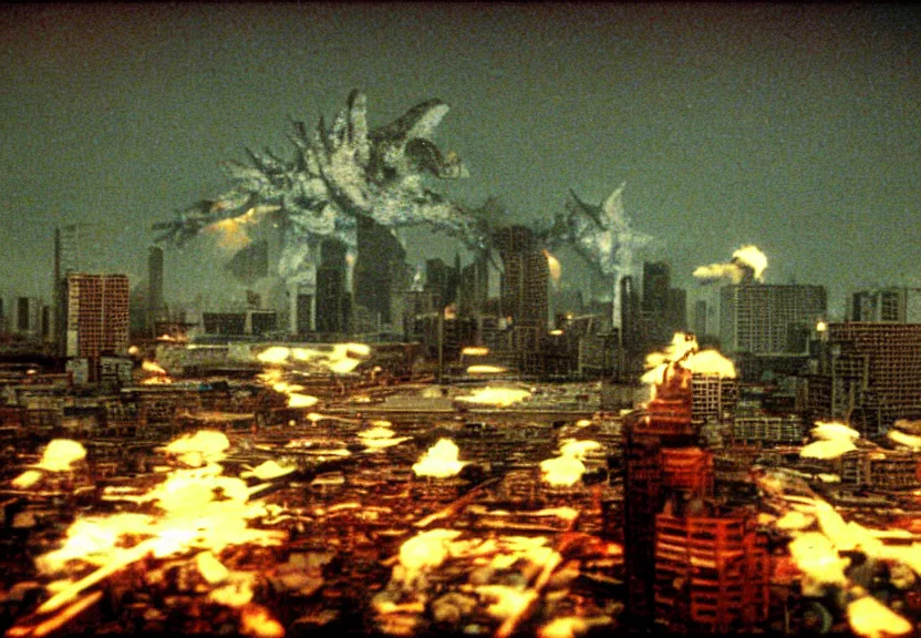 Image similar to Pulgasari the North Korean starfish monster destroying Pyongyang city, volumetric lighting, filmstill, produced by Kim Jong-il, Kodachrome, kaiju-eiga, monster movie, communist propaganda, film noir, 35mm film grain, Cooke Varotal 20-100mm T3.1, in the style of Ishirō Honda and Orson Welles