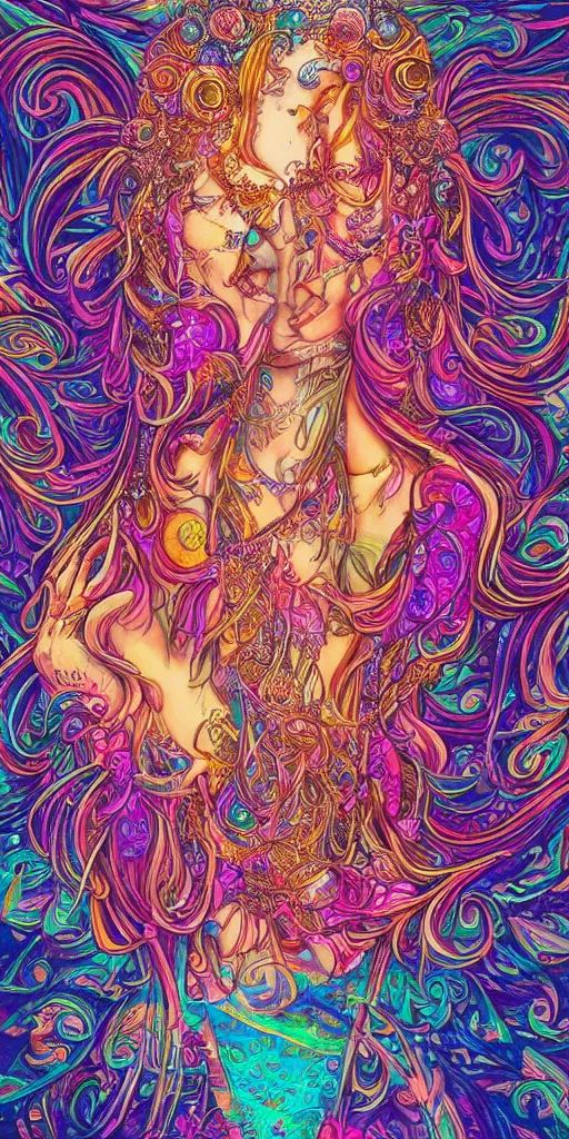 Image similar to 8k detailed psychedelic abstract illustration of a goddess projecting her dreams, detailed, intricate, elegant, highly detailed, digital painting, artstation, smooth, sharp focus