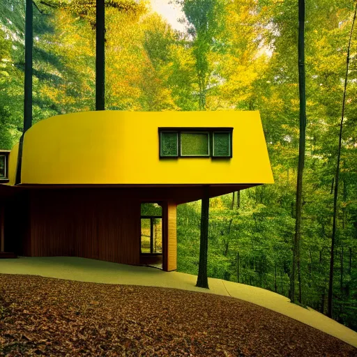 Prompt: architecture ad for a mid-century modern house in the middle of the forrest, designed by Frank Gehry. Film grain, cinematic, colorized, yellow hue