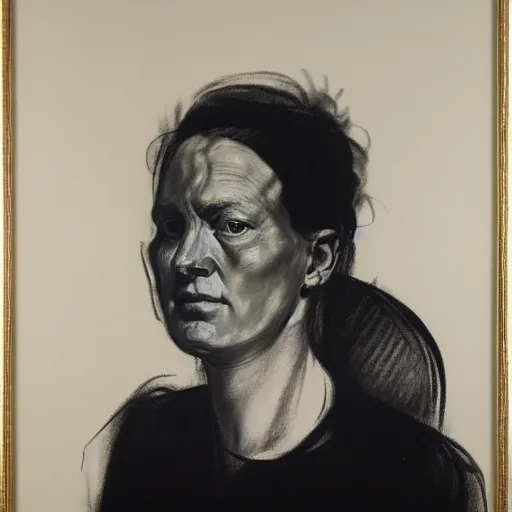 Prompt: charcoal drawing portrait of a woman in suit by jenny saville, rembrandt and raphael and lucian freud and edward hopper