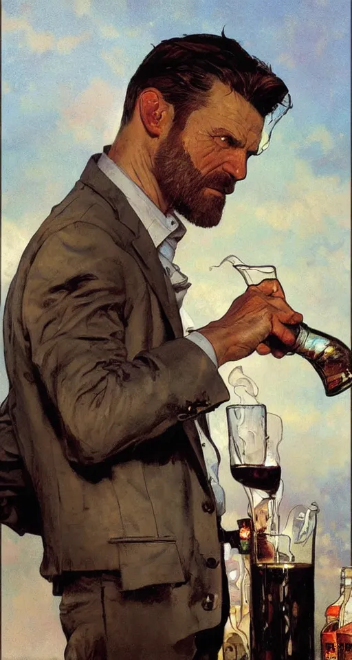 Image similar to close up of max payne pouring a drink, sun shining, photo realistic illustration by greg rutkowski, thomas kindkade, alphonse mucha, loish, norman rockwell.