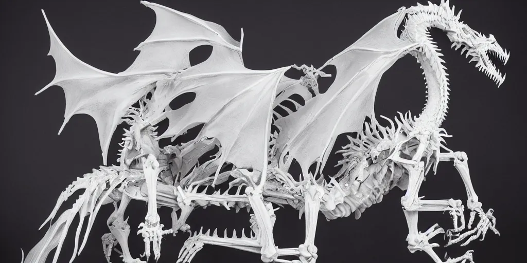 Image similar to white dragon skeleton, studio photography, 4 k, black background