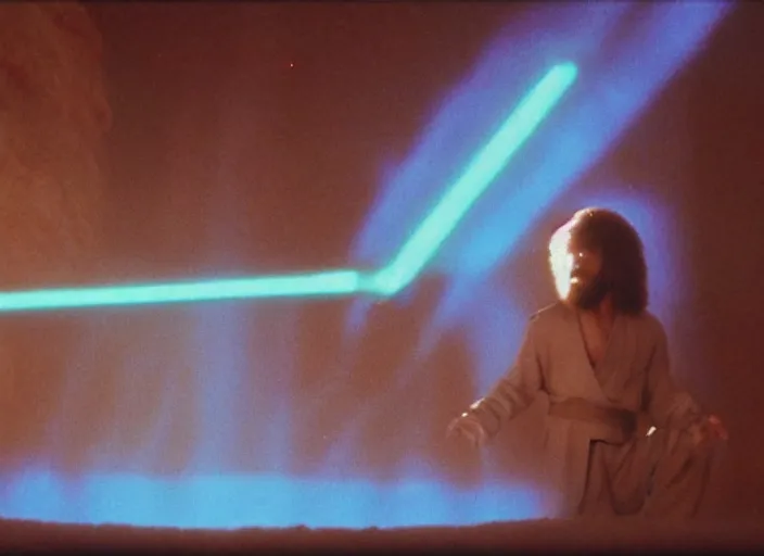 Image similar to screenshot of Bob Ross kneeling before the larger than life glowing blue spirit of qui gon jinn at a hazy lit ancient Jedi cathedral, screenshot from the 1970s star wars thriller directed by stanley kubrick, Photographed with Leica Summilux-M 24 mm lens, ISO 100, f/8, Portra 400, kodak film, anamorphic lenses