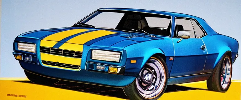 Image similar to denim blue audi camaro b 1 ( 1 9 6 7 ), 8 0 s retro poster, establishing shot