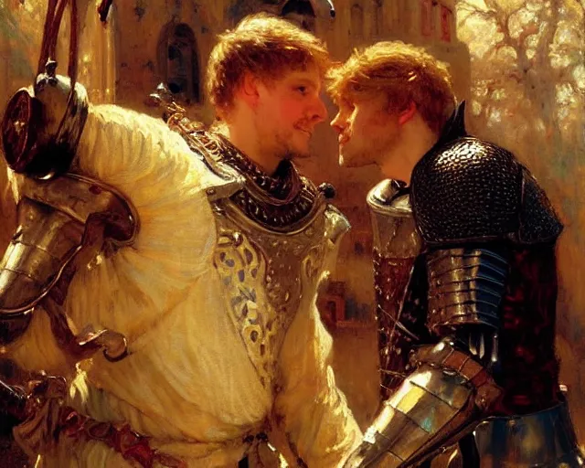 Image similar to arthur pendragon flirting wit his knight. the knight is also flirting back, highly detailed painting by gaston bussiere, craig mullins, j. c. leyendecker