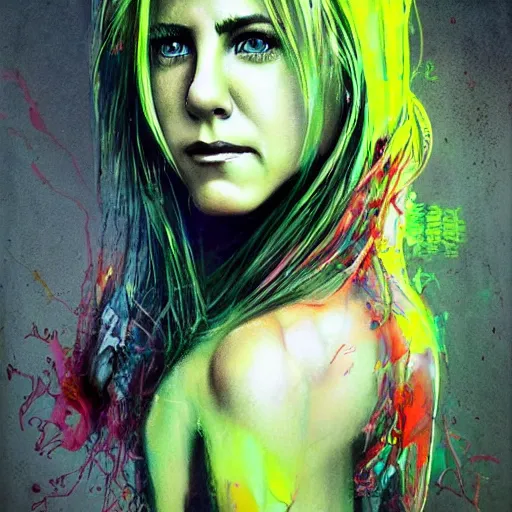 Image similar to a Demon Slayer portrait of Jennifer Aniston, tall, pale-skinned, slender with lime green eyes and long eyelashes by Stanley Artgerm, Tom Bagshaw, Arthur Adams, Carne Griffiths, trending on Deviant Art, street art, face enhance, chillwave, maximalist, full of color, glittering