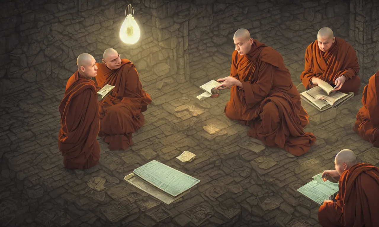 Prompt: monks in distrust, kerberos realm, service ticket close up, wizard reading a directory, nordic pastel colors, abandoned railroad, 3 d art, digital illustration, perfect lighting