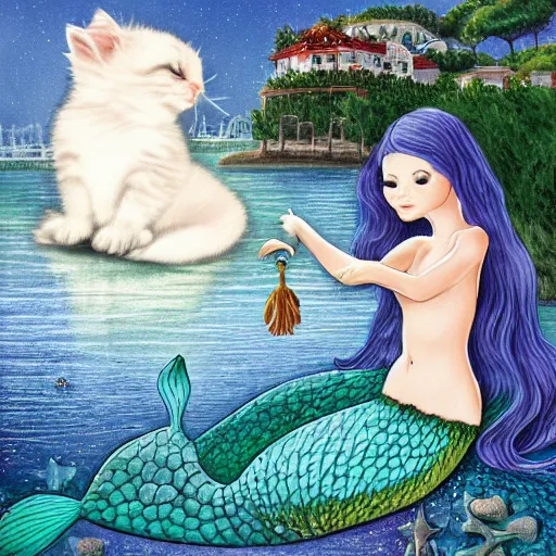 Image similar to a mermaid at the wharf in San Francisco meets a small white kitten, fantasy illustration,