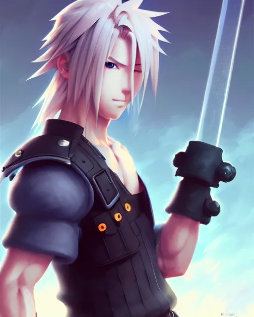 Image similar to cloud ( final fantasy 7 ), portrait shinkai makoto studio ghibli studio key hideaki anno sakimichan stanley artgerm lau rossdraws james jean marc simonetti elegant highly detailed digital painting artstation pixiv