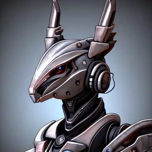 Image similar to close up bust of a cute stunning robot anthropomorphic female dragon, with sleek silver armor, wearing headphones made of wood, detailed digital art, furry art, warframe art, destiny art, high quality, 3D realistic, Furaffinity, Deviantart