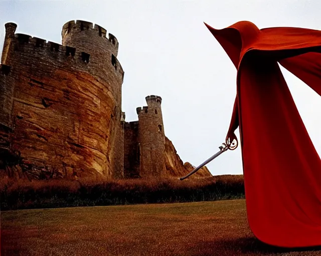 Image similar to by bruce davidson, by andrew boog faithfull redscale photography evocative. a beautiful kinetic sculpture of a horned, red - eyed, skeleton - like creature, with a long black cape, & a staff with a snake wrapped around it, standing in front of a castle atop a cliff.