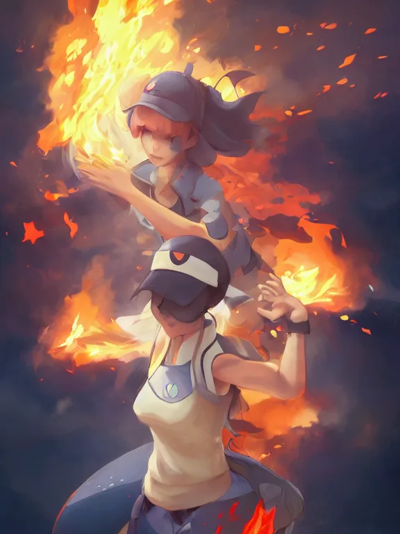 Prompt: a ultradetailed beautiful portrait of a fire - type pokemon trainer preparing to battle, dynamic lighting, cinematic lighting, etheric, oil panting, high resolution, 4 k, by ken sugirmori, makoto shinkai and artgerm