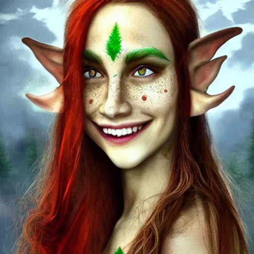 Image similar to elf druid, feminine, smiling, freckles, green eyes, red hair, tall