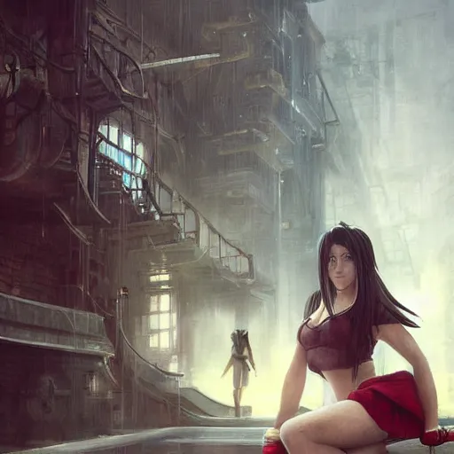 Prompt: a painting of tifa lockhart and aerith gainsborough from final fantasy 7, standard clothing from the conceptual art, the midgard steam punk city as backdrop, by greg rutkowski, artgerm, wlop rain, fog, unreal engine 5