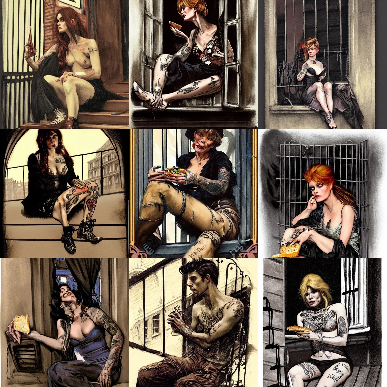 Prompt: character portrait of a rugged tattooed brigitte bardot sitting down on a fire escape eating a sandwich in gothic london, gothic, john singer sargent, muted colors, moody colors, illustration, digital illustration, amazing values, art by j. c. leyendecker, joseph christian leyendecker, william - adolphe bouguerea, graphic style, dramatic lighting, gothic lighting