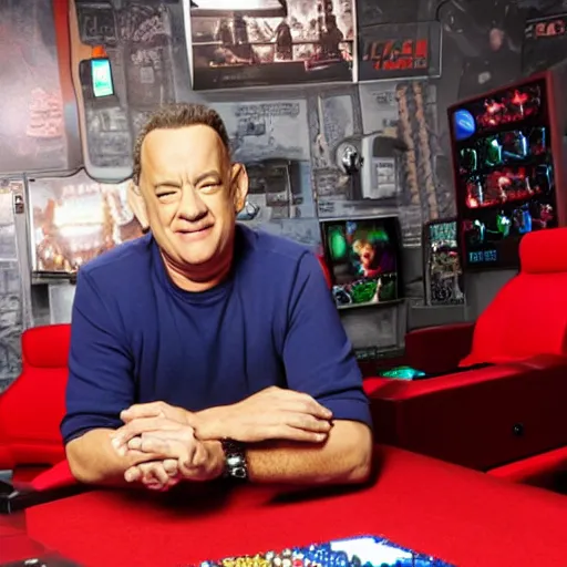 Prompt: tom hanks sitting in a vibrant gaming room