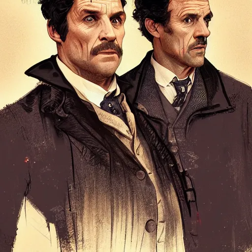 Prompt: [UHD Sherlock Holmes and Watson as GTA characters, correct faces, intricate, elegant, graphic detail, digital painting, trending on artstation, concept art, tonalism, sharp focus, illustration, art by Miguel Vasquez and Greg Rutkowski and Alphonse Mucha]