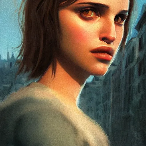 Prompt: closeup portrait of matilda from the movie leon the professional, natalie portman, city background, dramatic light, gorgeous view, depth, high detail, digital art, painted by greg rutkowski and seb mckinnon, by tim burton, trending on artstation