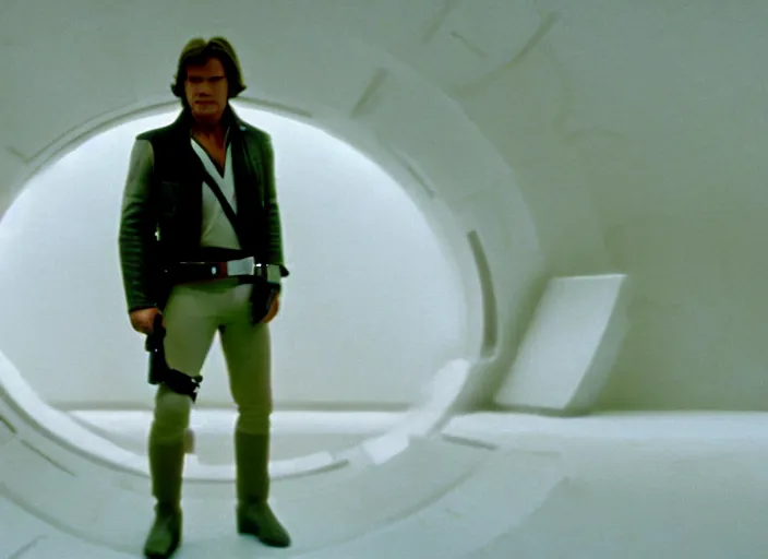 Image similar to screenshot of portrait Han Solo standing in an surreal light green 70s round minimalist architecture, iconic scene from 1970s film by Stanley Kubrick, the lost Star Wars Film, moody hazy lighting, stunning cinematography, hyper-detailed, crisp, anamorphic lenses, kodak color film stock, 4k, very detailed, hyper real render