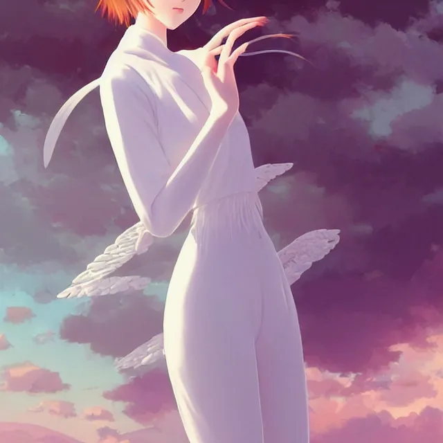 Image similar to infinitely detailed full - body portrait pale female peaceful dream angel wearing elegant clothes. beautiful! scenery art! by wlop & murata range, by ilya kuvshinov. artstation!! / pixiv!!