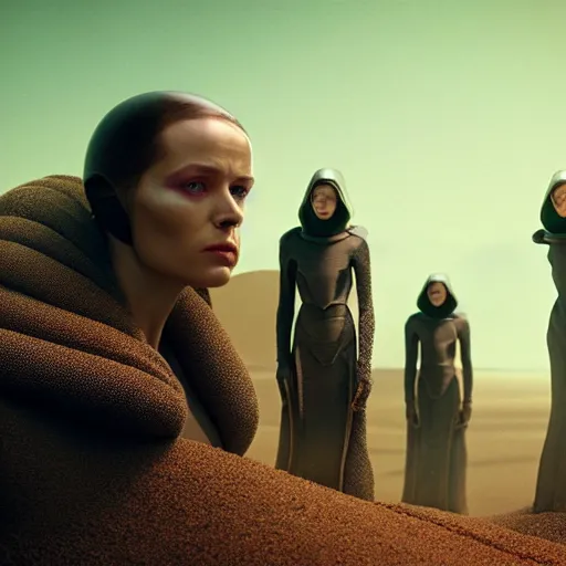 Image similar to colour aesthetic highly detailed photography of characters in action scene, characters with hyperrealistic highly detailed faces. from dune ( 2 0 2 1 ) by alejandro hodorovski and denis villeneuve and gregory crewdson style with many details by mike winkelmann and vincent di fate in sci - fi style. volumetric natural light hyperrealism photo on red dsmc 3 system