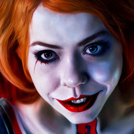 Image similar to detailed photograph of jennette mccurdy as harley quinn, 8 k, by greg rutkowski, artgerm, global illumination