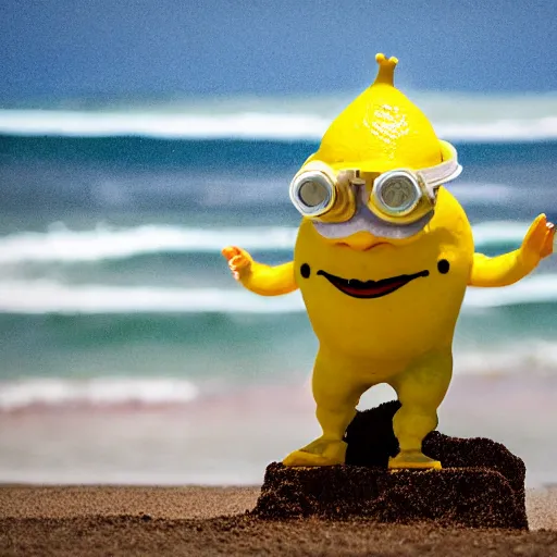 Prompt: 5 0 mm photograph, of a real anthropomorphic lemon character, with lemon skin texture, it is wearing a hat and scuba diving suit, building a sandcastle on the beach at sunset, beach, huge waves, sun, clouds, tropical trees, rim light, cinematic photography, professional, sand, sandcastle, volumetric lightening