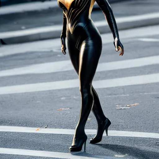 Image similar to Margot Robbie as Cat Woman, street light reflections, XF IQ4, 150MP, 50mm, F1.4, ISO 200, 1/160s, natural light