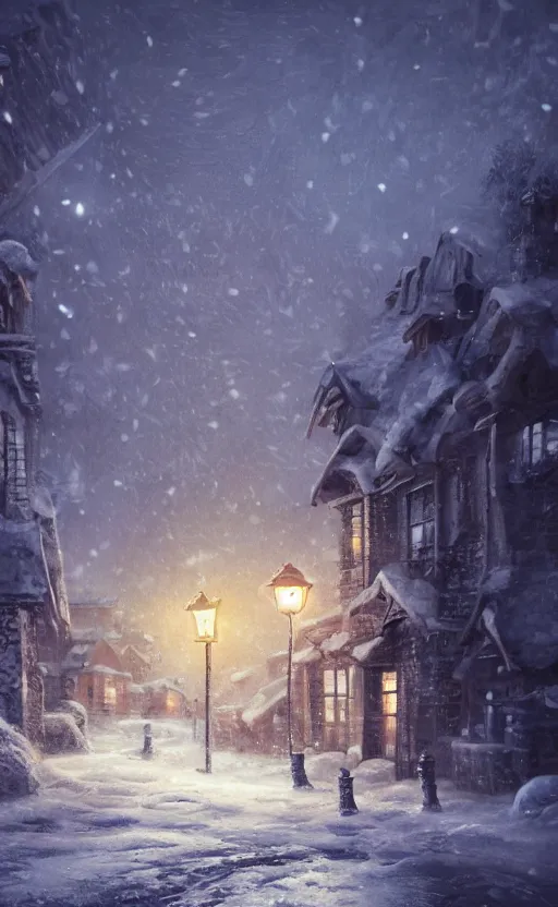 Image similar to a blurry ambient lantern in the distance of a snowy village at night, dynamic lighting, ambient lighting, atmospherical, photorealistic fantasy concept art, trending on art station, stunning visuals, creative, cinematic, ultra detailed