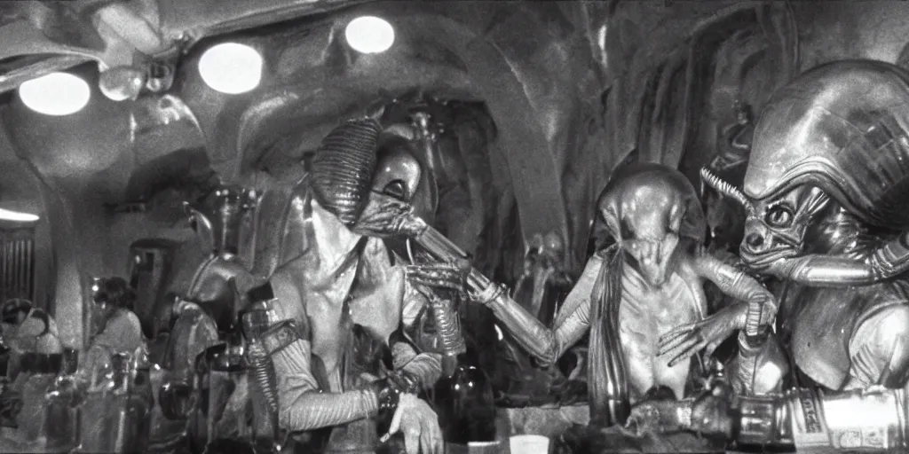 Image similar to still of two aliens having a drink in Mos Eisley Cantina in Star Wars (1977).