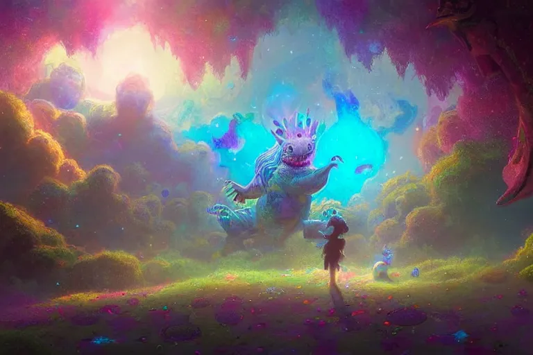 Prompt: a psychedelic realm made entirely out of love and acceptance, astral beings sharing love. filled with cute smiling glowing chibi style pixar baby dinosaurs in the style of greg rutkowski! and wlop and lisa frank! and bob ross!!! and ruan jia, illustration, epic, fantasy, hyper detailed, smooth, unreal engine, sharp focus, ray tracing