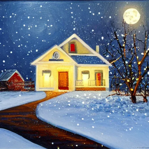 Prompt: oil painting of a small house on a snowy night, christmas lights, full moon