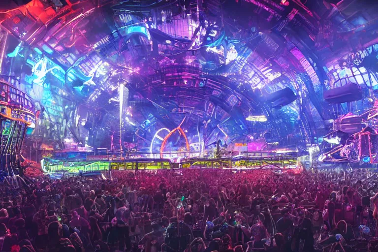Image similar to a huge outdoor festival stage, center of the stage is a huge futuristic steampunk generators surrounded by steampunk machinery with huge loudspeakers, rock musicians on the stage, laser show, 8 k, fluorescent colors, halluzinogenic, multicolored, exaggerated detailed, unreal engine
