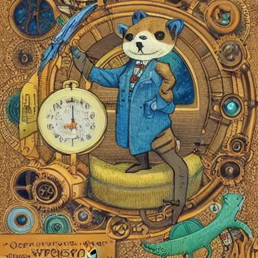 Prompt: a steampunk otter inventor, fantasy illustration, Louis William Wain