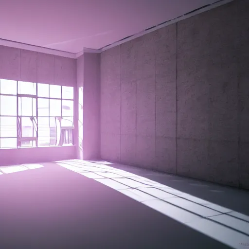 Prompt: a white empty pink office with sun rays looming down, with a pool inside, dynamic lighting, photorealistic concept art, trending on art station, stunning visuals, creative, cinematic, ultra detailed, ray tracing