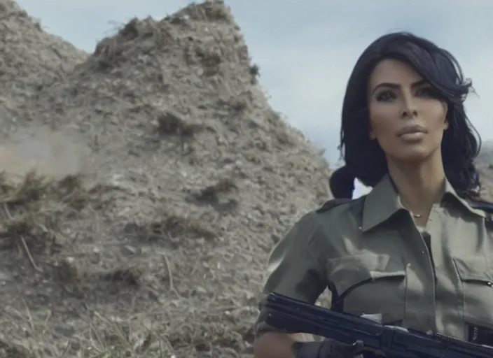 Image similar to a film still of kim kardashian as a soldier firing a rifle over a dirty trench with her top slightly open neckline. backround : warfield