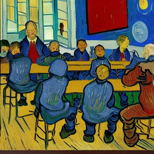 Image similar to school with prisoners van gogh style