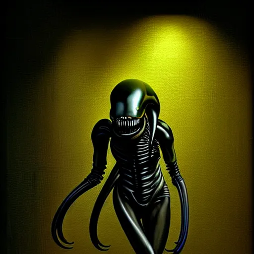 Prompt: black glossy xenomorph, alien movie, endless abandoned office cubicles, pale yellow wallpaper, moist brown carpet, dim fluorescent lighting, artstation, ultra detailed, creepy, dramatic lighting, photorealistic, art by h. r. giger and chris fss