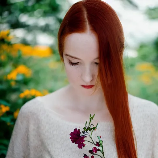 Image similar to Portrait of a young redhead lady with a flower, Canon EOS R3, f/1.4, ISO 200, 1/160s, 8K, RAW, unedited, symmetrical balance, in-frame