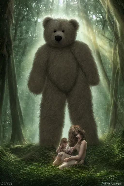 Image similar to mean fluffy teddybear protecting girl in a forest with rays of light coming through the canopy, masterpiece, dystopian, sci-fi, extremely detailed, digital painting, sculpted in zbrush, artstation, concept art, smooth, sharp focus, illustration, chiaroscuro lighting, golden ratio, incredible art, artgerm, greg rutkowski, alphonse mucha, simon stalenhag, carravaggio