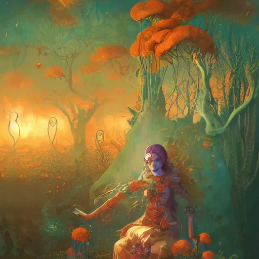 Image similar to dreamlike necromancer garden fantasycore , glossy painting, Art Nouveau Cosmic 4k Detailed Matte Illustration featured on Getty Images ,CGSociety, Jade and Carrot orange color scheme, Pastiche by Marc Simonetti, Pastiche by Cedric Peyravernay