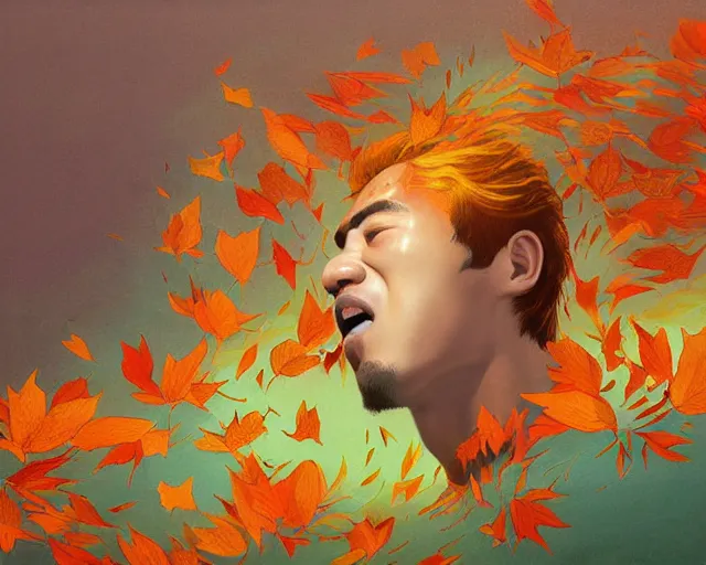 Image similar to highly detailed pastel colors painting of aquaman sneezing, warm glow, morphing into a whirlwind of autumn leaves, by hsiao - ron cheng, smooth composition, fine patterns and detail